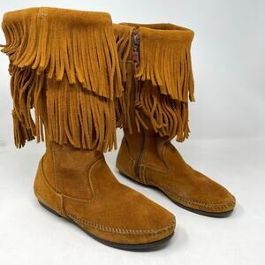 Minnetonka Moccasins Two Layer Fringe Back Zip Mid Calf Brown Suede Boots 7